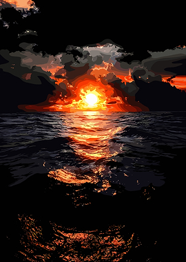Dramatic Sunset Over Dark Ocean