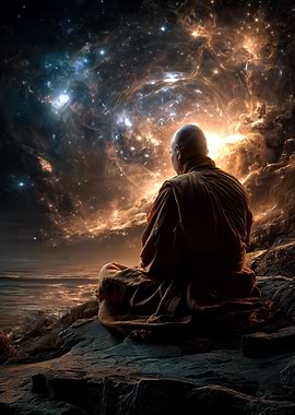 Monk meditating in space