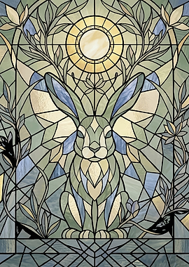 Stained Glass Rabbit with Sun and Flowers