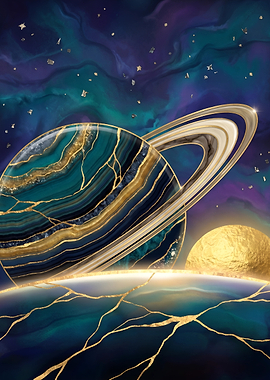 Cosmic Agate Planet with Golden Nebula