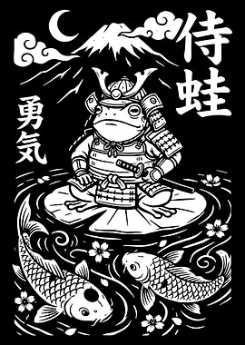 Samurai Frog Japanese Woodblock Poster Mount Fuji Koi Fish Wall Art