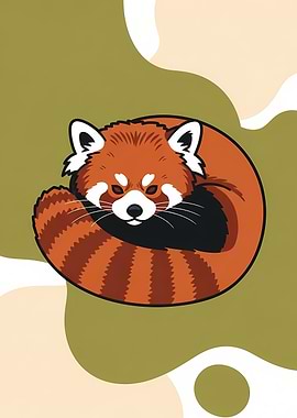Cute Curled Red Panda Illustration with Abstract Nature Background