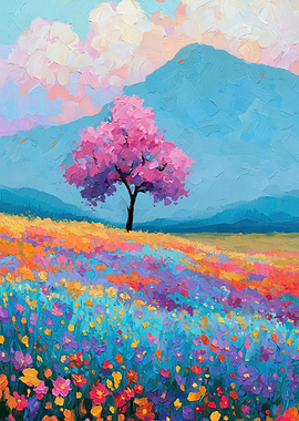 Vibrant Field of Flowers with Cherry Blossom Tree