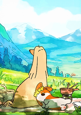 Dogs enjoying a picnic in the mountains