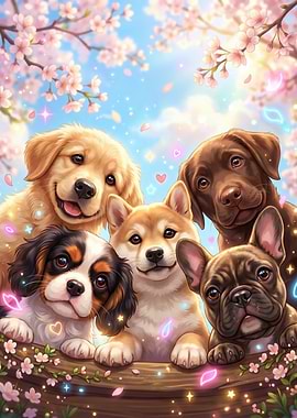 Cute Puppies Under Cherry Blossoms