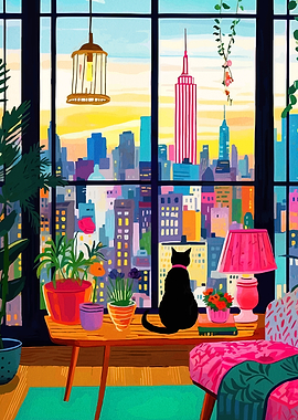 Cat overlooking New York City skyline