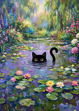 Black Cat in a Water Lily Pond