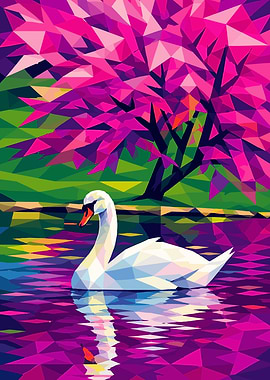 Geometric Swan on Pink Water