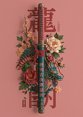 Dragon and Katana with Flowers