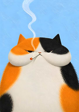 Grumpy Calico Cat with a Cigarette