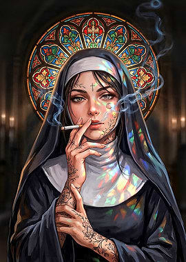 Tattooed Nun Smoking in Stained Glass Halo Church