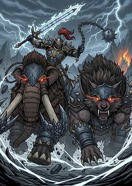Knight Riding Mammoth and Wolf