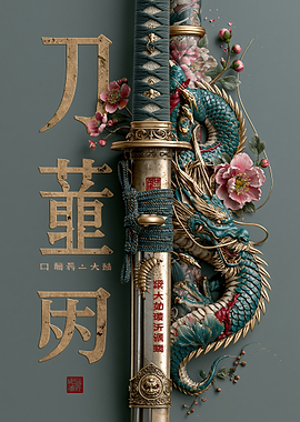 Dragon and Katana with Japanese Text