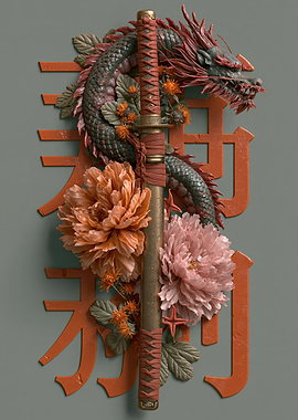Dragon and Katana with Flowers