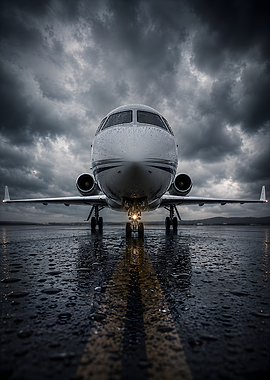 Private Jet on Wet Tarmac Under Stormy Skies
