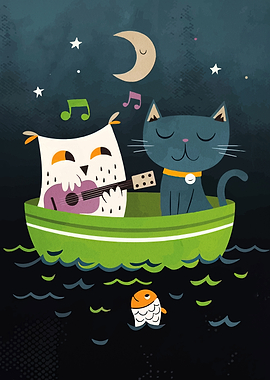 Owl and Cat in a Boat