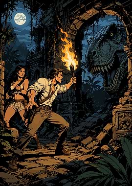 Dinosaur Encounter in Ancient Ruins