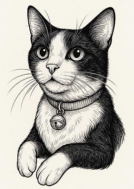 Black and White Cat with Bell Collar