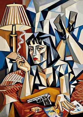 Cubist Painting of Mia Wallace Smoking