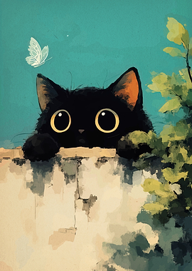 Cute Black Cat Peeking Over Wall