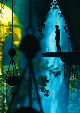 Silhouette of a woman by a waterfall