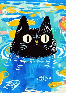 Black Cat in Water with Fish
