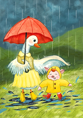 Goose and Piggy in the Rain