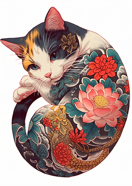 Tattooed Calico Cat with Flowers