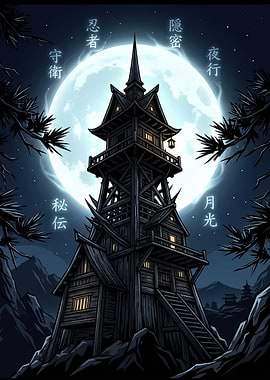 Mysterious Ninja Tower Under the Moon