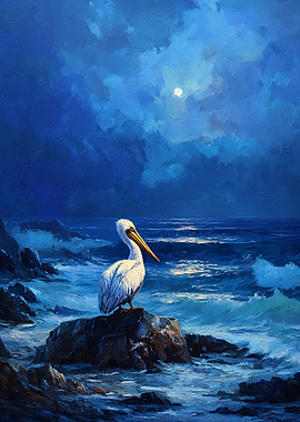 Pelican on a rock at night