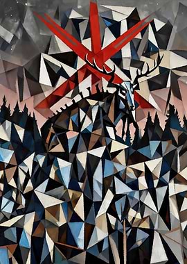Geometric Stag Under Red Star