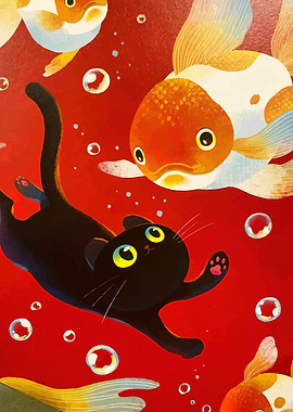 Black Cat and Goldfish Underwater