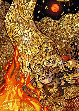 Robot playing banjo by campfire