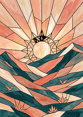 Stained Glass Sunrise Over Mountains