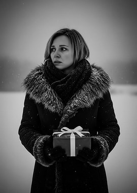 Woman in Winter Coat Holding Gift