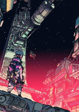Astronaut overlooking futuristic city