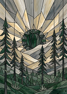Stained Glass Mountain Sunrise