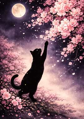 Black Cat Reaching for Cherry Blossoms Under the Moon
