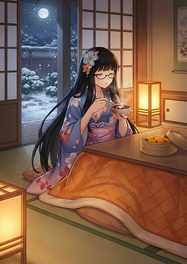 Girl in Kimono Eating by Kotatsu