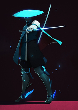 Cyberpunk Samurai with Glowing Swords