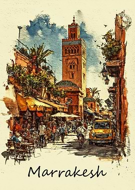 Marrakesh Street Scene with Koutoubia Mosque