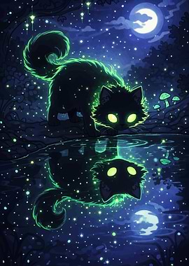 Enchanted Cat Reflection in Moonlight