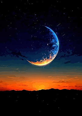 Crescent Moon Over Sunset Horizon