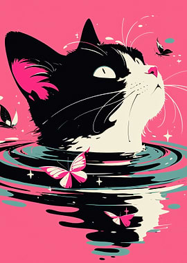 Cat in Water with Butterflies