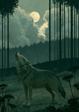 Wolf howling at the moon in a forest