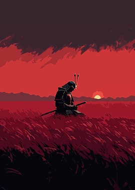 Samurai in a Red Field at Sunset