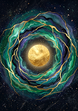 Cosmic Swirl with Golden Moon