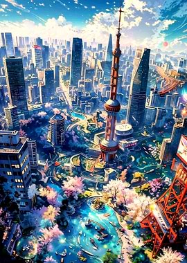 Anime Cityscape with Cherry Blossoms