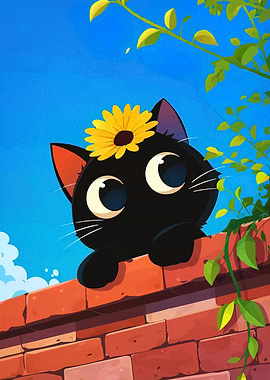 Cute Black Cat with Flower on Head
