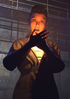 Shocked Woman summoning light in space station